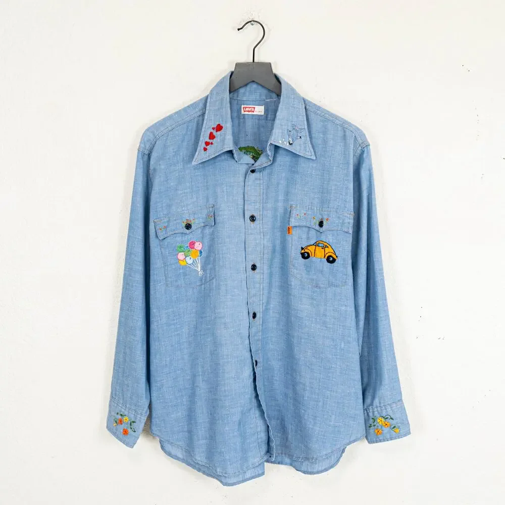 Vintage 70s Levi's Orange tab Embroidered Chambray Shirt blue sz XL